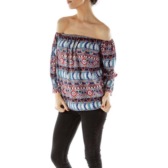 Collective Concepts Tops - Collective Concepts Blue Red Printed Blouse